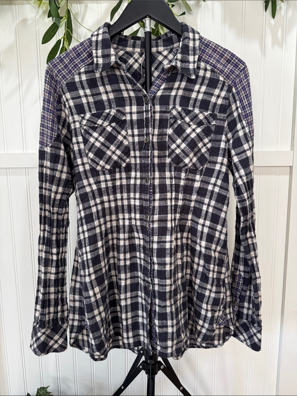 Free People Black and White Plaid Button-Down Shirt